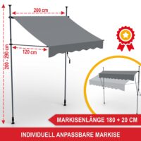 Kompakte Balkonmarkise mit 200x120 cm, einfach aufzustellen ohne dauerhafte Befestigung.