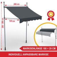 Praktische Standmarkise 200x120 cm für Balkone, flexibel aufstellbar ohne Bohren.