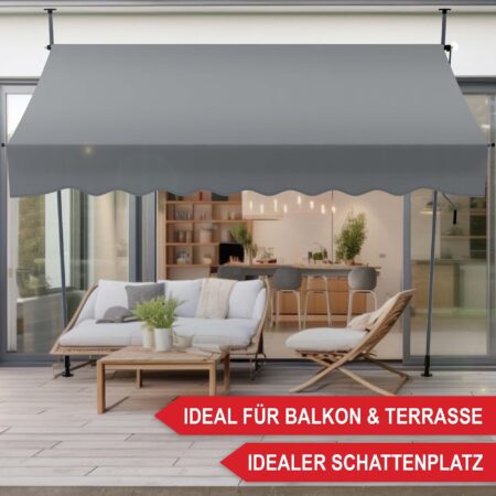 Stilvolle Standmarkise mit 300x120 cm für flexiblen Sonnenschutz auf Terrasse oder Balkon.