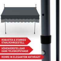 Wetterfeste Balkonmarkise 300x120 cm mit stabiler Standkonstruktion, Montage ohne Bohren.