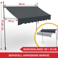 Wetterfeste Balkonmarkise 300x120 cm mit stabiler Standkonstruktion, Montage ohne Bohren.