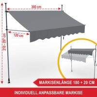 Stilvolle Standmarkise mit 300x120 cm für flexiblen Sonnenschutz auf Terrasse oder Balkon.