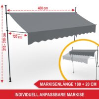 Robuste Balkonmarkise 400x120 cm für Schutz vor Sonne und Wind ohne feste Installation.