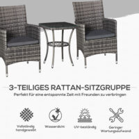 Dunkelgraues Polyrattan-Balkonmöbel-Set für zwei Personen.