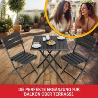 Platzsparendes Balkontisch-Set für zwei Personen, wetterfest und klappbar.