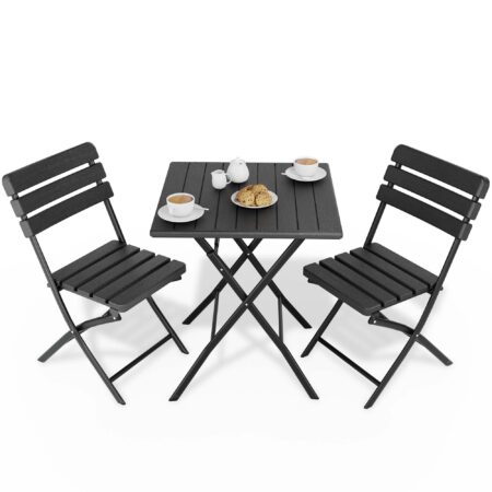 Platzsparendes Balkontisch-Set für zwei Personen, wetterfest und klappbar.