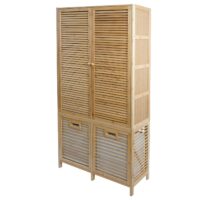 Bambus Badezimmerschrank Badregal Badschrank 2 Wäschekörbe 2 Türen 168x82x34cm