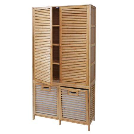 Bambus Badezimmerschrank Badregal Badschrank 2 Wäschekörbe 2 Türen 168x82x34cm