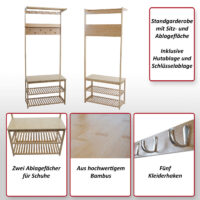 Bambus Standgarderobe Garderobenständer Schuhregal Sitzbank 170x70x31cm