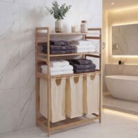 Bambus Wäschesammler Wäschekorb Regal Organizer 125x80x40cm creme