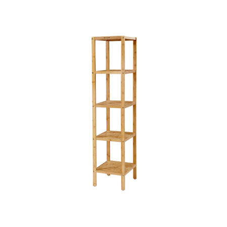Naturfarbenes Bambusregal mit fünf Stufen, nachhaltig und funktional.