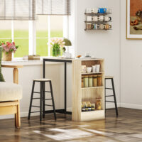 Bartisch Set mit 2 Hockern und Stauraum platzsparend hellbraun