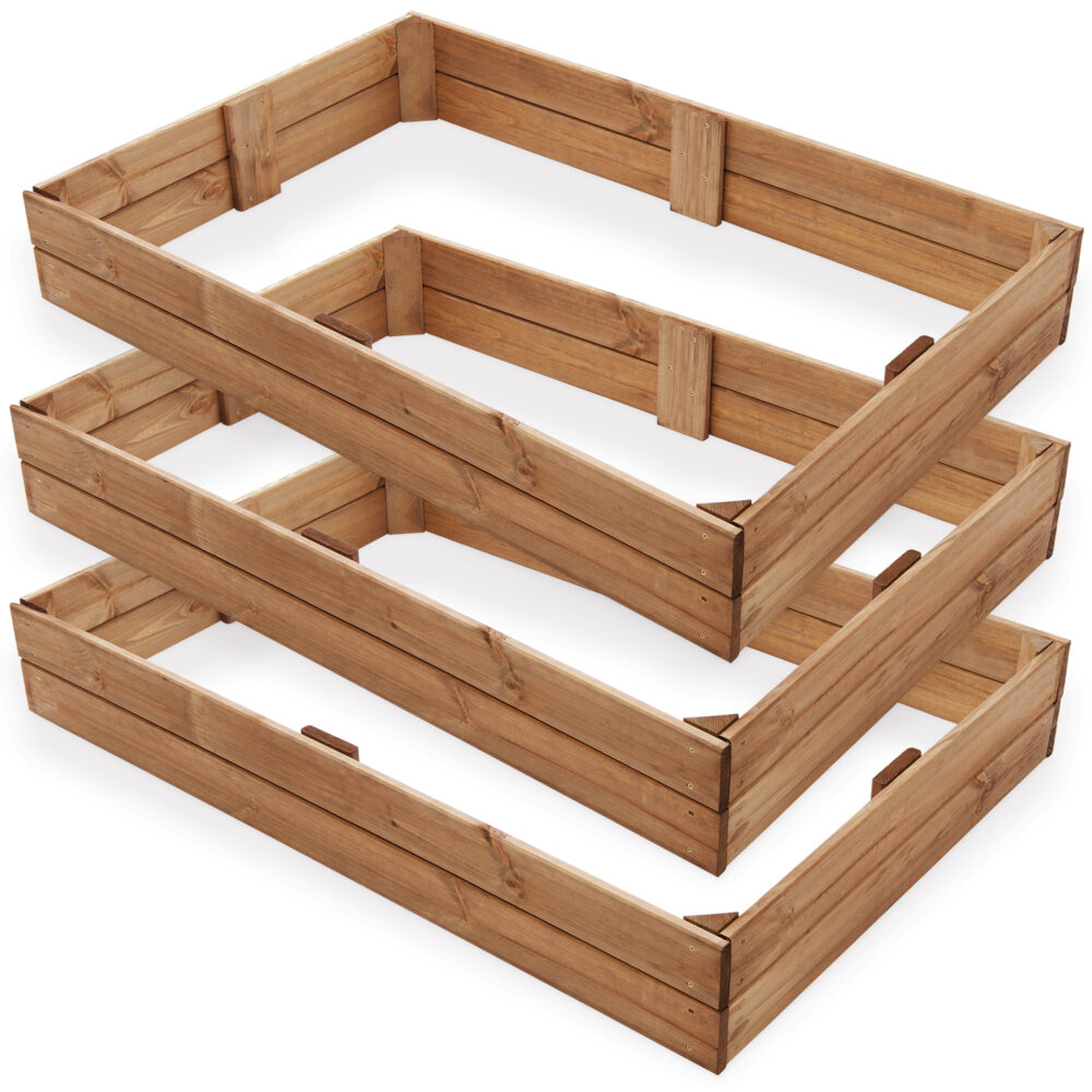 Holz-Beetrahmen im 3er-Set, flexibel stapelbar für verschiedene Pflanzenhöhen.