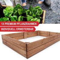 Holz-Beetrahmen im 3er-Set, flexibel stapelbar für verschiedene Pflanzenhöhen.