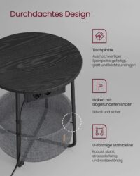 Schwarzer Beistelltisch mit Ladestation und Steckdosen, praktisch und modern.