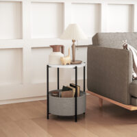 Beistelltisch rund mit Stoffkorb 44x44x56cm Grau & Weiss – Produktfoto zeigt modernes Design, hochwertige Materialien und funktionale Eigenschaften ideal für Wohn- oder Arbeitsbereiche. Perfekt als Einrichtungsinspiration oder zur Produktpräsentation in einem Onlineshop.