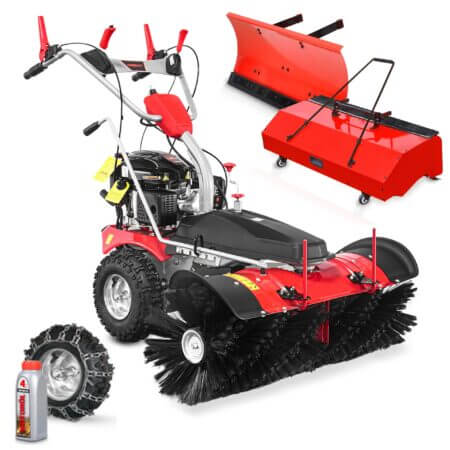 Benzin-Kehrmaschine AllSeason Pro mit Schneepflug und Schneeketten