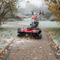 Benzin-Kehrmaschine AllSeason Pro mit Schneepflug und Schneeketten