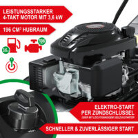 Leistungsstarker Benzin-Rasenmäher mit 6,5 PS und Mulchkit für eine effiziente Rasenpflege.