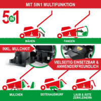 Leistungsstarker Benzin-Rasenmäher mit 6,5 PS und Mulchkit für eine effiziente Rasenpflege.