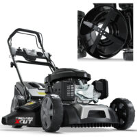 Leistungsstarker Benzin-Rasenmäher mit 6,5 PS und Mulchkit für eine effiziente Rasenpflege.