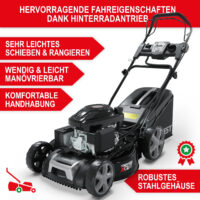 Leistungsstarker Benzin-Rasenmäher mit 6,5 PS und Mulchkit für eine effiziente Rasenpflege.