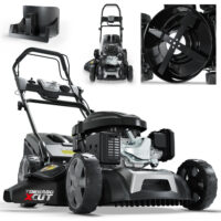 Leistungsstarker Benzin-Rasenmäher mit 6,5 PS und Mulchkit für eine effiziente Rasenpflege.