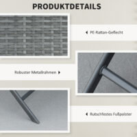 Graues Polyrattan Bistroset für Balkon oder Terrasse, bestehend aus einem Tisch und zwei Stühlen, ideal für gemütliche Stunden im Freien.