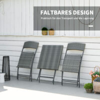 Graues Polyrattan Bistroset für Balkon oder Terrasse, bestehend aus einem Tisch und zwei Stühlen, ideal für gemütliche Stunden im Freien.