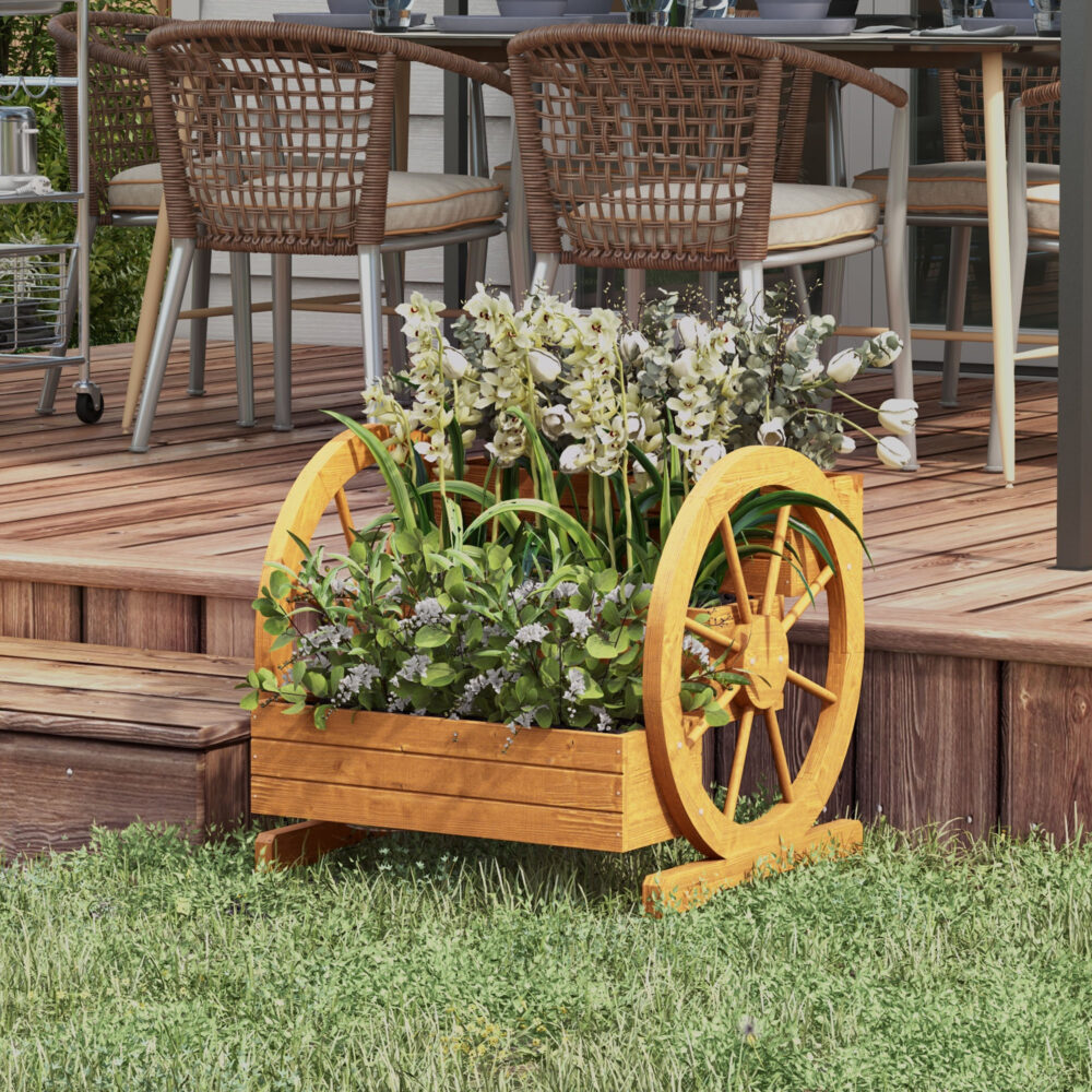Blumenkasten im Wagenrad-Design, 61x62x57 cm, Material Teakholz.