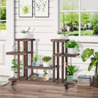 Blumentreppe mit Rollen und 6 Ebenen aus Holz braun