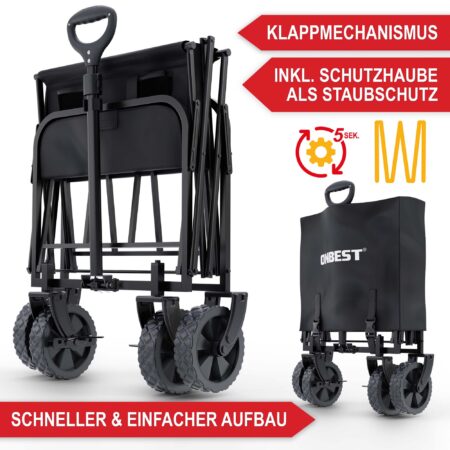 Klappbarer Bollerwagen mit stabilem Gestell in Grau.