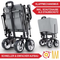 Robuster Bollerwagen mit Faltmechanismus und schützendem Dach in Grau.