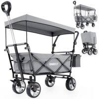 Robuster Bollerwagen mit Faltmechanismus und schützendem Dach in Grau.