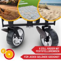 Robuster Bollerwagen mit Faltmechanismus und schützendem Dach in Grau.