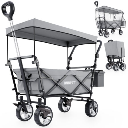 Robuster Bollerwagen mit Faltmechanismus und schützendem Dach in Grau.