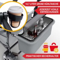 Robuster Bollerwagen mit Faltmechanismus und schützendem Dach in Grau.