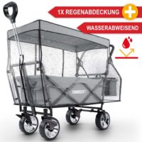 Robuster Bollerwagen mit Faltmechanismus und schützendem Dach in Grau.