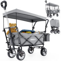 Robuster Bollerwagen mit Faltmechanismus und schützendem Dach in Grau.