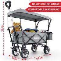 Robuster Bollerwagen mit Faltmechanismus und schützendem Dach in Grau.
