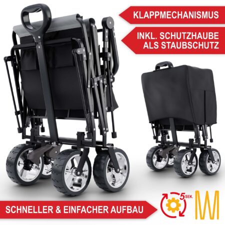 Faltbarer Bollerwagen in Schwarz mit Dach, ideal für Camping, Einkäufe und Familienausflüge.