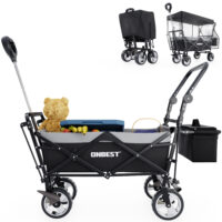 Faltbarer Bollerwagen in Schwarz mit Dach, ideal für Camping, Einkäufe und Familienausflüge.