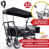 Faltbarer Bollerwagen in Schwarz mit Dach, ideal für Camping, Einkäufe und Familienausflüge.