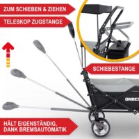 Faltbarer Bollerwagen in Schwarz mit Dach, ideal für Camping, Einkäufe und Familienausflüge.