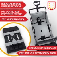 Faltbarer Bollerwagen in Schwarz mit Dach, ideal für Camping, Einkäufe und Familienausflüge.