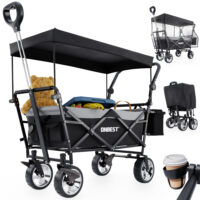 Faltbarer Bollerwagen in Schwarz mit Dach, ideal für Camping, Einkäufe und Familienausflüge.