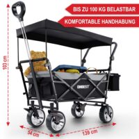 Faltbarer Bollerwagen in Schwarz mit Dach, ideal für Camping, Einkäufe und Familienausflüge.