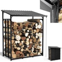 Wetterfestes Brennholzregal aus Metall, stabil und ideal zur Lagerung von Kaminholz im Freien.