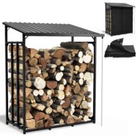 Wetterfestes Brennholzregal aus Metall, stabil und ideal zur Lagerung von Kaminholz im Freien.