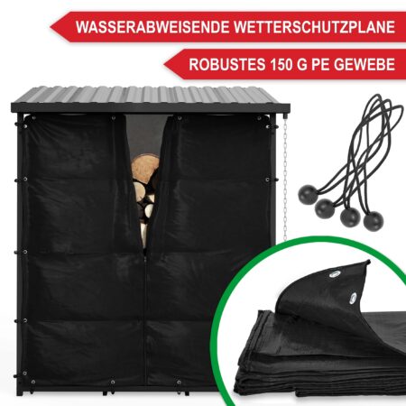 Stabiles Brennholzregal aus Metall mit Schutzplane für trockene und ordentliche Holzlagerung.